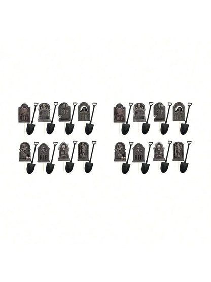 Multi-Piece Halloween Cupcake Toppers – Tombstone & Graveyard Cake Decorations with Novelty Mini Shovel Spoons for Halloween Parties