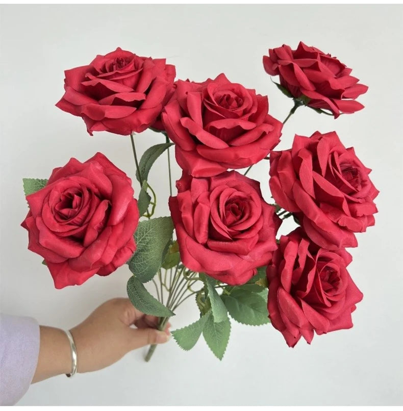 Ramo de rosas de diamantes de 9 cabezas – Rosas artificiales sintéticas con detalles de diamantes brillantes, arreglo floral realista para boda, decoración del hogar, sala de estar y regalo