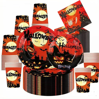 Halloween Disposable Party Tableware Set, Pumpkin and Ghost Pattern Paper Plates, Napkins and Cups, Spooky Halloween Party Supplies, Festive Table Decorations for Kids and Adults