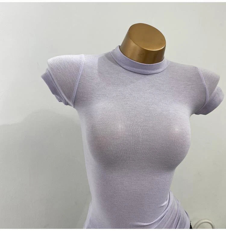 Half High Collar Korean T-Shirt – Transparent Short Sleeve Slim Fit Elastic Inner Top, Solid Color Bottoming Shirt for Women, Stylish Layering & Fashion Casual Wear