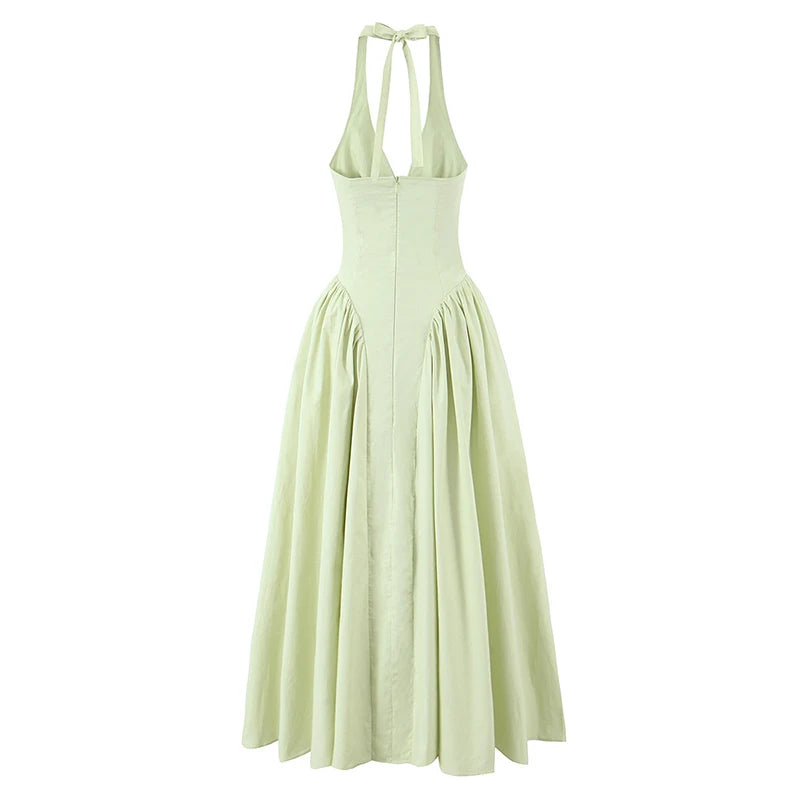 YENKYE Women’s Sexy Backless Green Halter Midi Dress Elegant Low Waist A-Line Cotton Summer Evening Party Robe