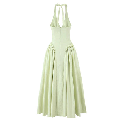YENKYE Women’s Sexy Backless Green Halter Midi Dress Elegant Low Waist A-Line Cotton Summer Evening Party Robe
