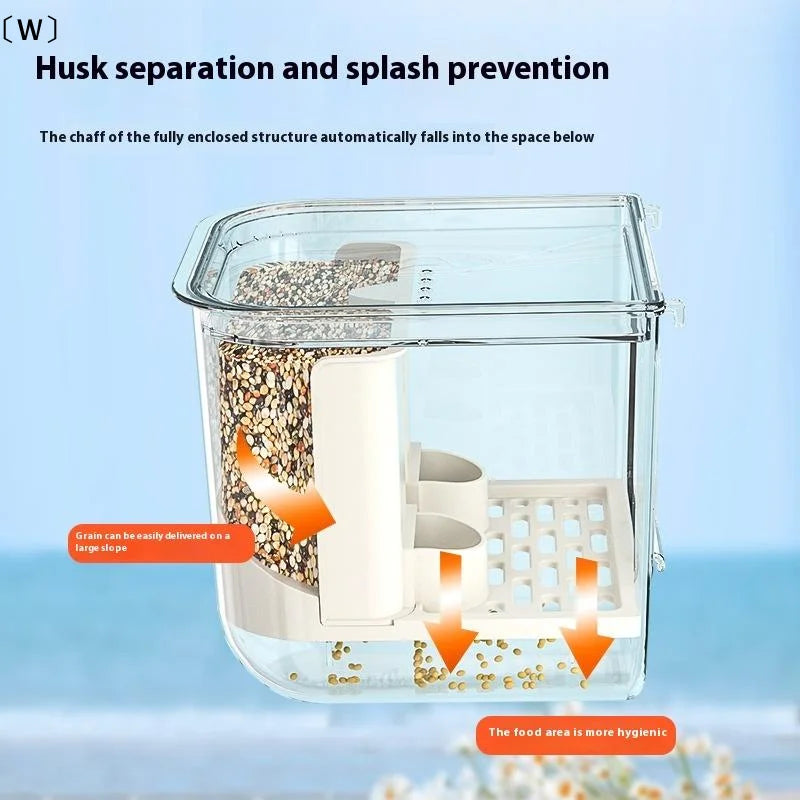 W Double-Slot Automatic Bird Feeder – Large-Capacity Transparent Hanging Food Dispenser with Splash-Proof Design for Bird Cages