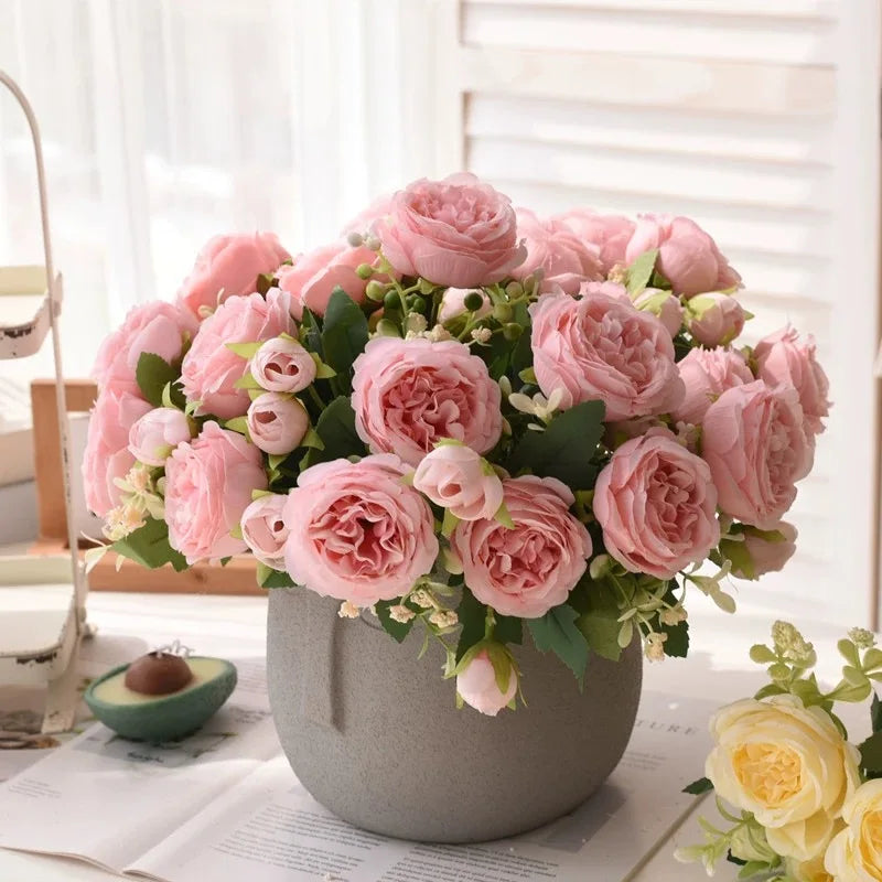 30cm Pink Silk Peony Rose Bouquet – Artificial Flower Arrangement with 5 Large Blooms & 4 Buds, Realistic Faux Floral Bouquet for Wedding, Bridal Décor, Home Decoration & DIY Crafts