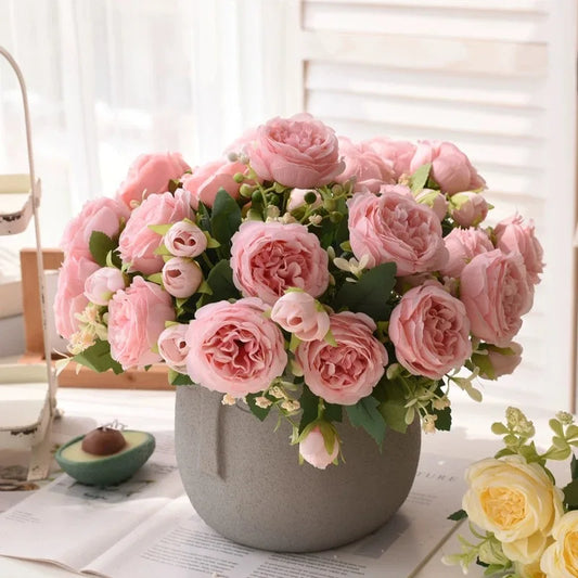 Ramo de peonías y rosas de seda rosa de 30 cm – Arreglo floral artificial con 5 flores grandes y 4 capullos, ramo floral sintético realista para bodas, decoración nupcial, decoración del hogar y manualidades