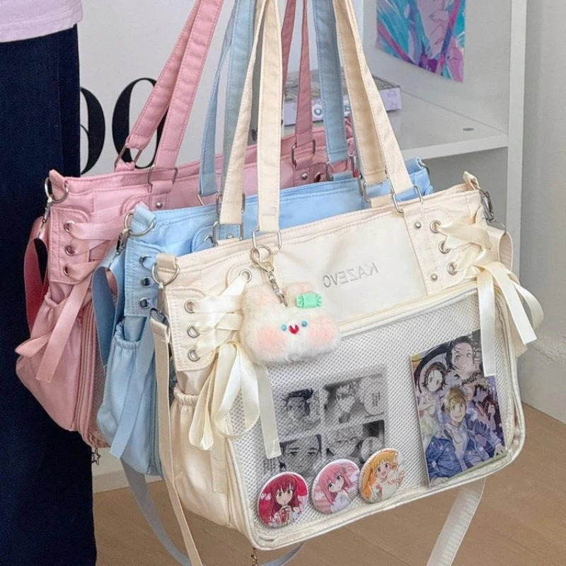 Bolso Bandolera con Lazo Estilo Universitario – Bolso de Hombro de Gran Capacidad para Chicas, Bolso Ita de Moda JK, Bolso de Mano con Acento de Lazo para Libros Escolares, Material Escolar y Uso Diario