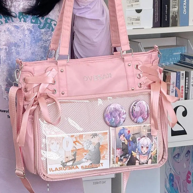 Bolso Bandolera con Lazo Estilo Universitario – Bolso de Hombro de Gran Capacidad para Chicas, Bolso Ita de Moda JK, Bolso de Mano con Acento de Lazo para Libros Escolares, Material Escolar y Uso Diario