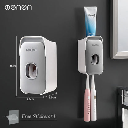 Dispensador de pasta de dientes MENGNI – Exprimidor de pasta dental montado en la pared para baño, soporte para cepillo de dientes sin taladros, organizador manual de bomba de pasta de dientes para almacenamiento y uso diario en el baño