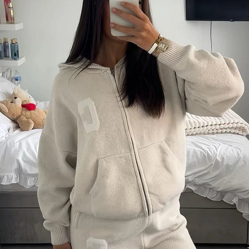 Women’s Hooded Knit Tracksuit 2-Piece Set – Casual Knitted Jacket & Pants Trousers, Cozy Two-Piece Outfit for Everyday Wear