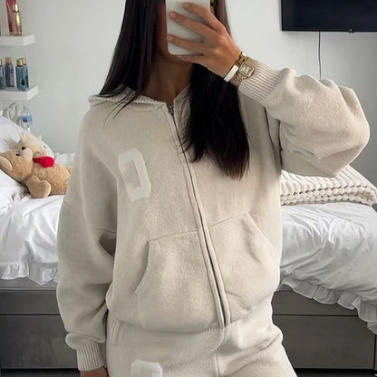 Women’s Hooded Knit Tracksuit 2-Piece Set – Casual Knitted Jacket & Pants Trousers, Cozy Two-Piece Outfit for Everyday Wear