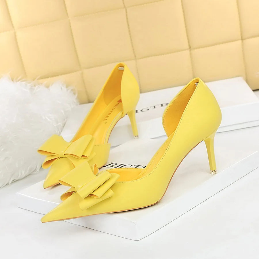 Women's Pointed Toe Stiletto High Heels with Bow Elegant Korean Wedding Pumps