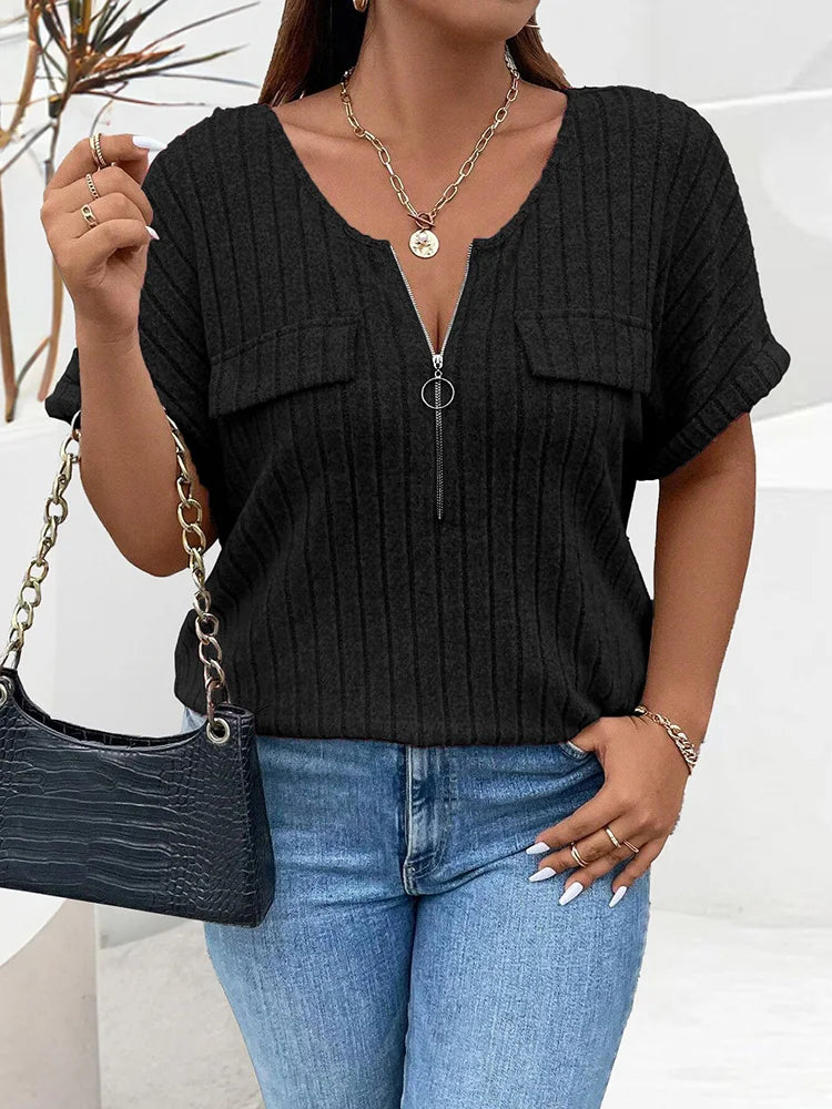 GIBSIE Plus Size Women's Ribbed T-Shirt – O-Neck Short Sleeve O-Ring Zip Front Casual Summer Top