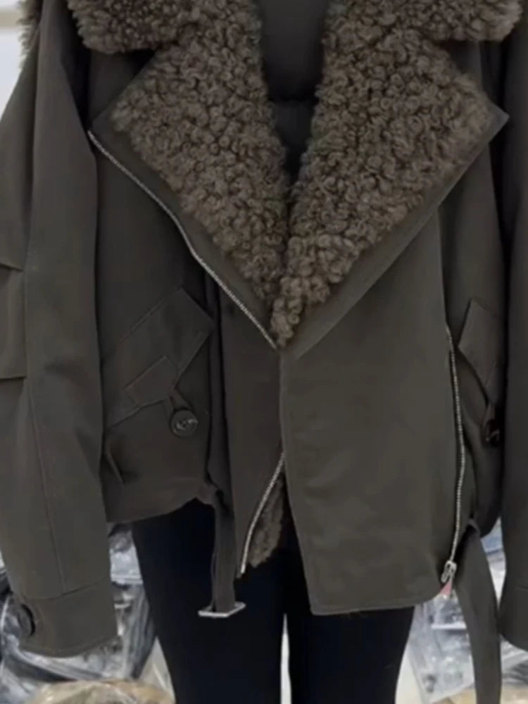 Women's Winter Padded Jacket Faux Fur Collar Army Green Oversized Thick Warm Coat with Drawstring Waist, Casual Streetwear Outerwear