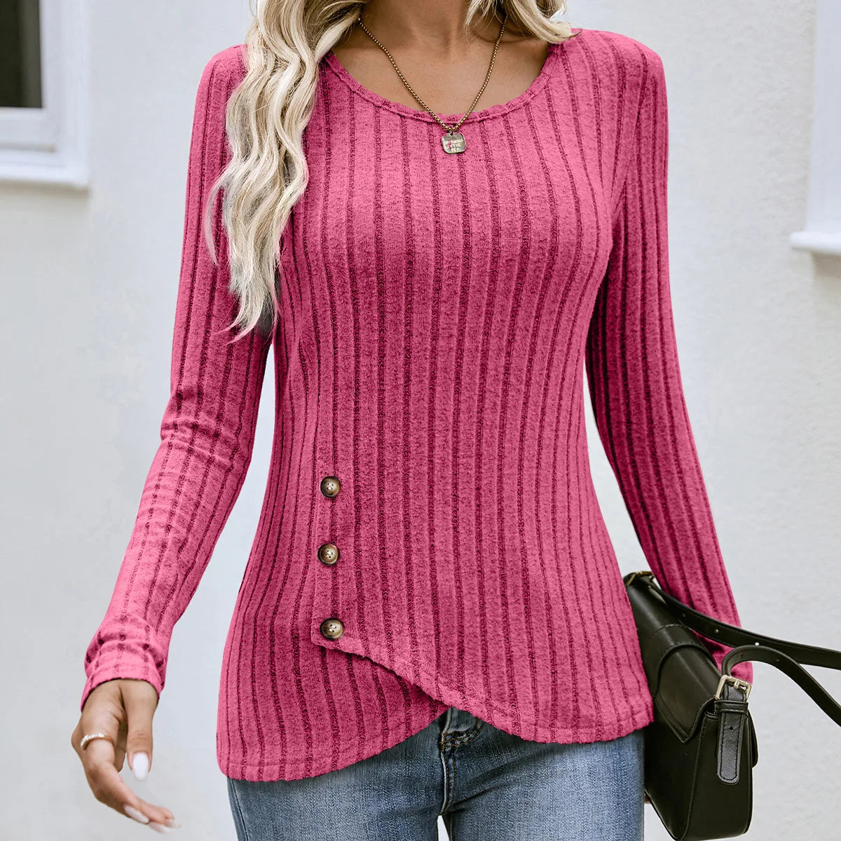 Women's Western Long Sleeve Top – Round Neck Fitted Waist-Cinched T-Shirt for Autumn Casual European & American Fashion