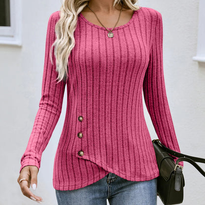 Women's Western Long Sleeve Top – Round Neck Fitted Waist-Cinched T-Shirt for Autumn Casual European & American Fashion