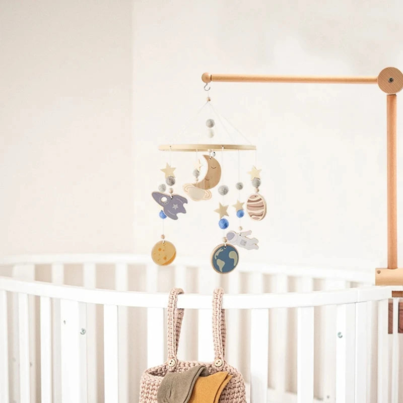 Baby Wooden Bed Bell Bracket – Newborn Crib Mobile Stand for 0-12 Months, Wooden Hanging Toy Holder with Crochet Bed Bell Rattle, Infant Nursery Decoration & Sensory Baby Toy Accessory