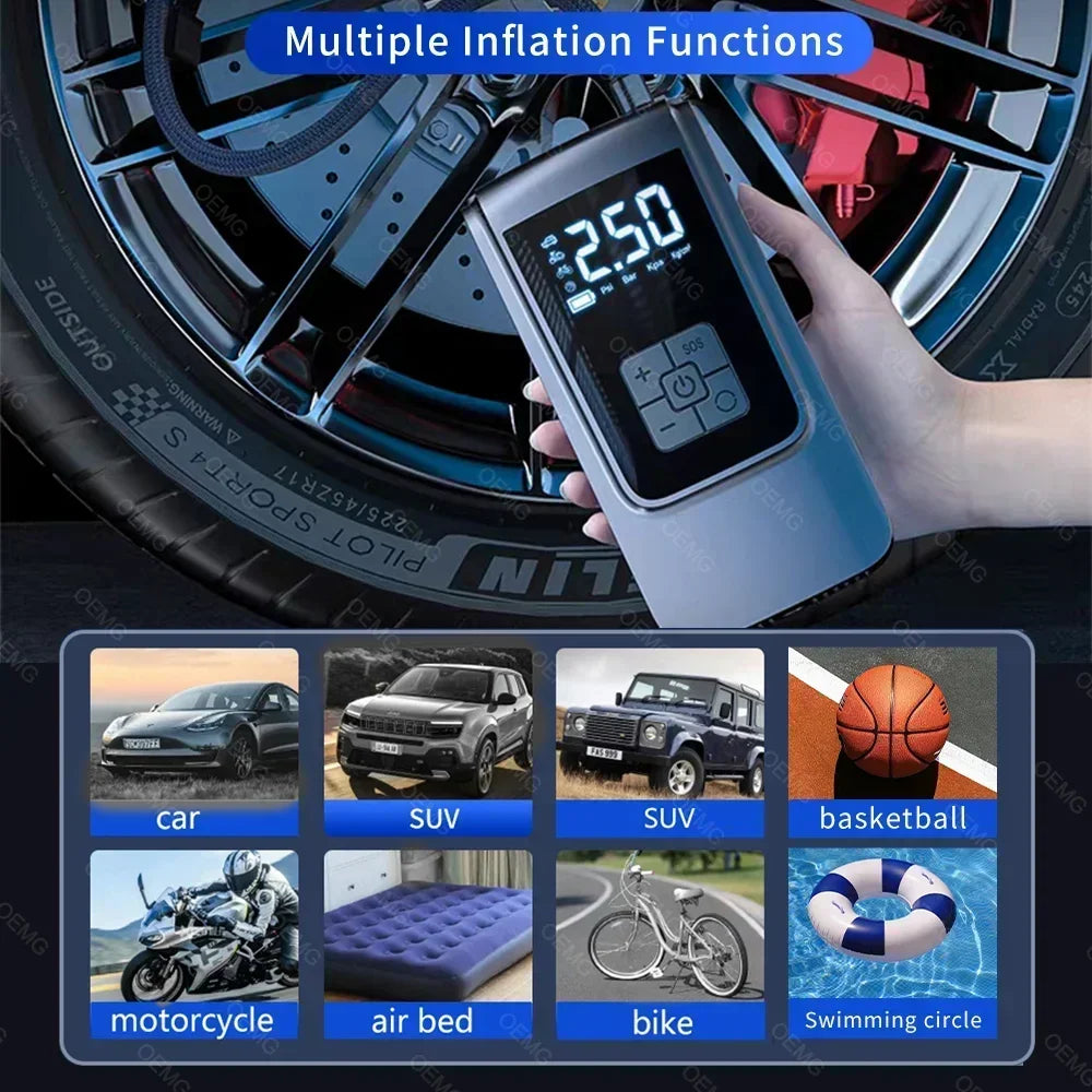 Compresor de aire inalámbrico portátil para inflar neumáticos – Bomba de aire eléctrica digital LCD para coches, motocicletas, bicicletas y balones deportivos