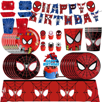 Spider Hero Birthday Party Supplies Set – Kids' Party Tableware Kit with Plates, Cups, Tablecloth, Backdrop, Balloons & Decorations
