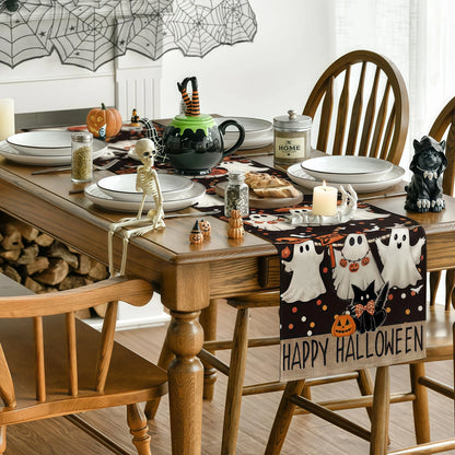 Halloween Table Runner with Ghost, Pumpkin and Black Cat Pattern, Spooky Dining Table Decor, Halloween Kitchen Tablecloth, Sideboard and Dresser Decoration, Festive Home Party Ornament