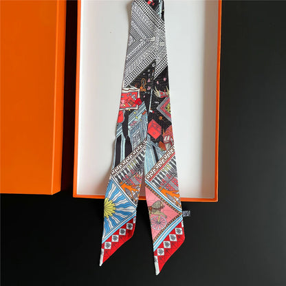 Pañuelo estrecho de sarga de seda 100 % de lujo para mujer, diseño de marca, pañuelo para bolso, pañuelo para el cuello, diadema para el pelo