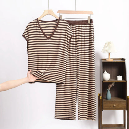 XL-8XL Plus Size Modal Pajama Set – 2PCS Short-Sleeve Striped T-Shirt & Pants, Lightweight Summer Loungewear for Home & Sleep