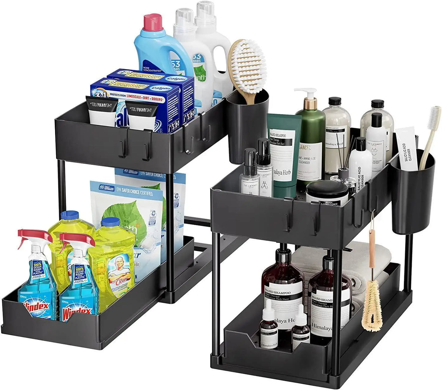 2-Tier Kitchen Sink Organizer – Sliding Cabinet Basket with Hooks & Cups for Space-Saving Storage