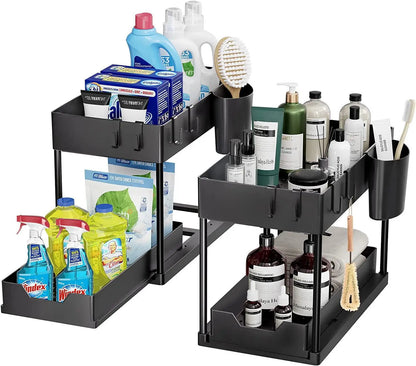 2-Tier Kitchen Sink Organizer – Sliding Cabinet Basket with Hooks & Cups for Space-Saving Storage