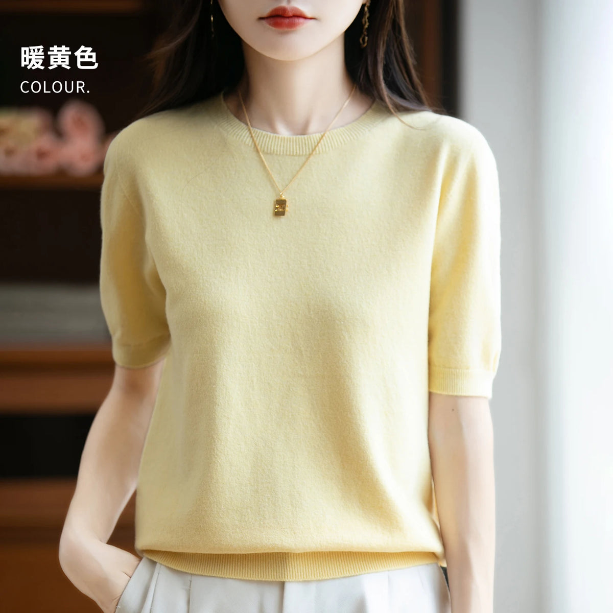 Women's 100% Wool Knitted Sweater – O-Neck Short-Sleeve Pullover, Warm Basic Casual Top for Fall & Winter, Available in 22 Colors
