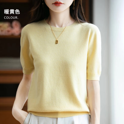 Women's 100% Wool Knitted Sweater – O-Neck Short-Sleeve Pullover, Warm Basic Casual Top for Fall & Winter, Available in 22 Colors