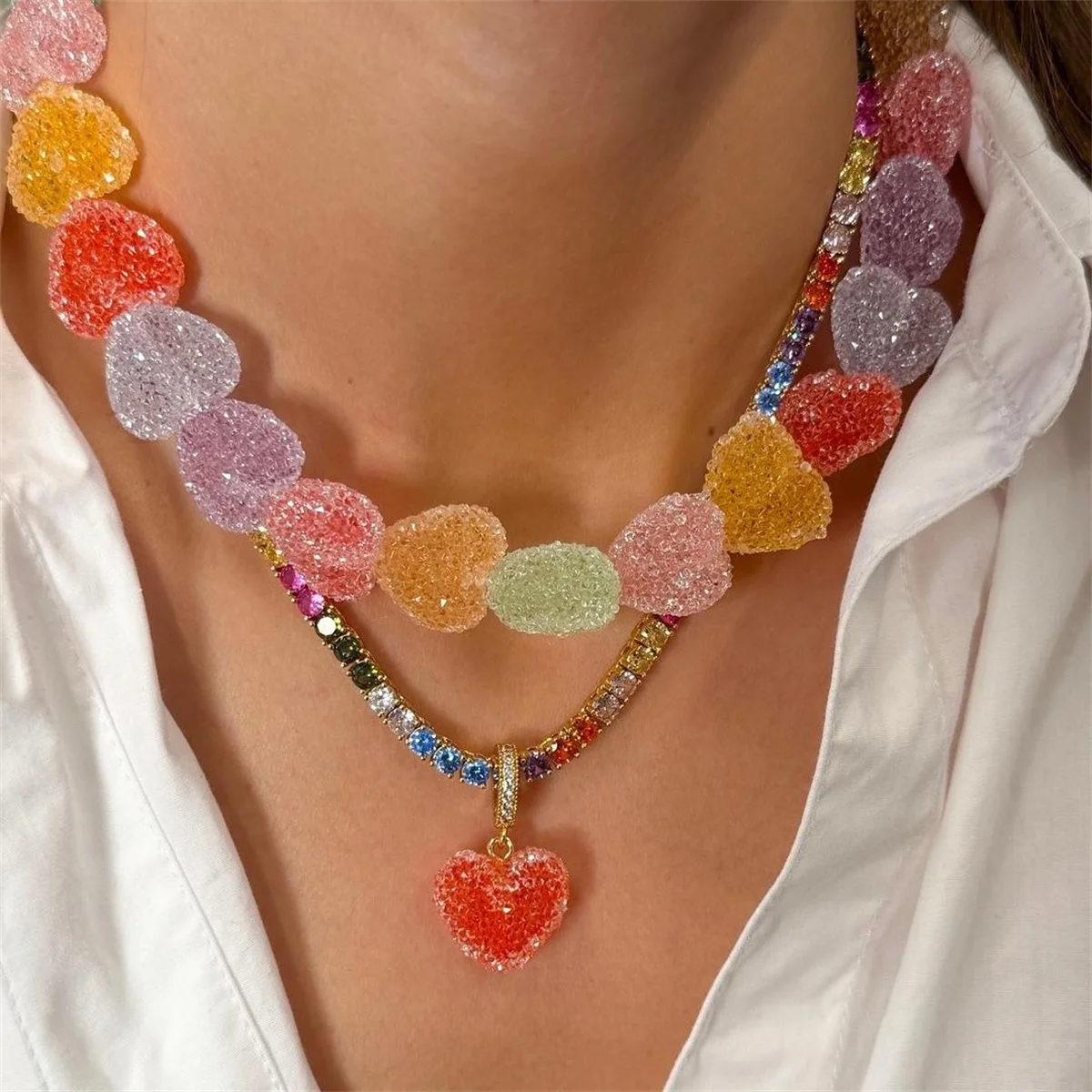 Colorful Love Resin Necklace – Sweet Candy-Inspired Pendant with Cute Niche Design & Gold-Plated Finish, Trendy Fashion Jewelry