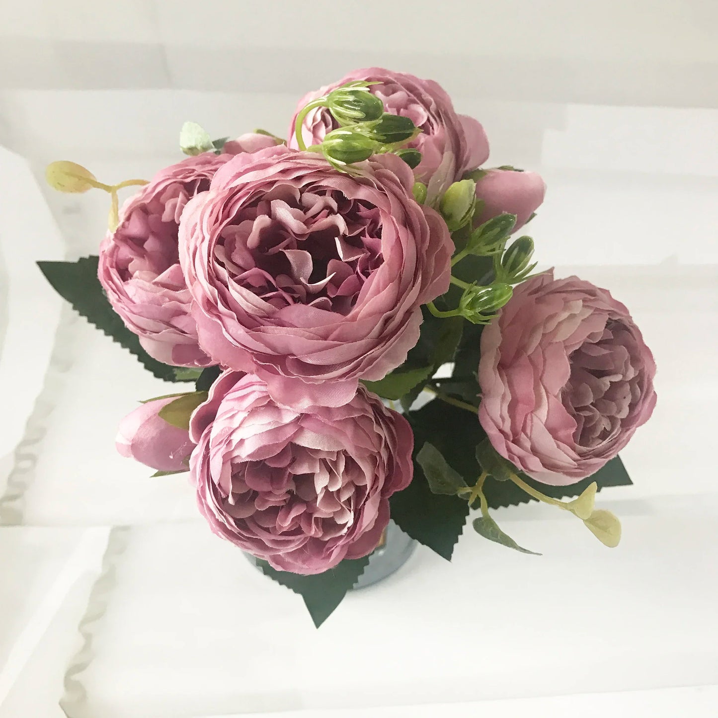 Bouquet de pivoines artificielles roses 30 cm – Fleurs en soie synthétiques avec 5 grandes fleurs et 4 bourgeons pour décoration de mariage, décoration intérieure, arrangements floraux et projets DIY