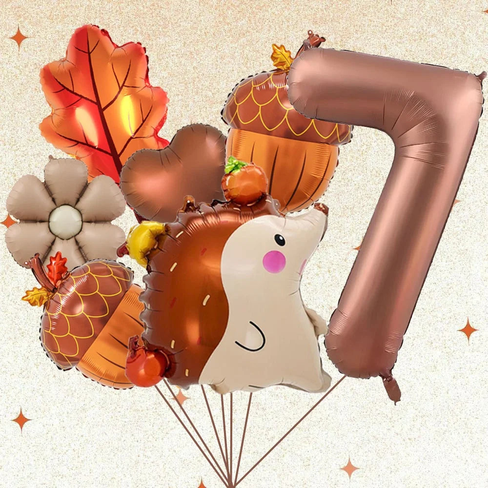 7PCS Autumn Pinecone & Hedgehog Balloon Set – 40-Inch Number Balloons 1–9 for Birthday, Thanksgiving Party Decor & Photo Props