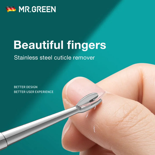 MR.GREEN Empujador de cutículas y removedor de cutículas de acero inoxidable – Limpiador de uñas profesional, raspador de piel muerta y herramienta de manicura