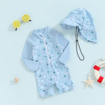 Toddler Baby Boy Whale Print Swimwear Set – Long Sleeve Rash Guard Swimsuit with Sun Hat, Infant UV Protective Beachwear for Swimming, Pool, Summer Vacation & Outdoor Activities