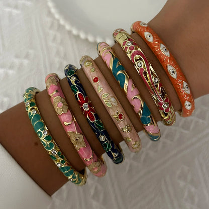 Elegante pulsera de esmalte de flores con circonitas – Pulsera retro chapada en oro con ojo turco floral para mujer | Joyería de moda para fiesta