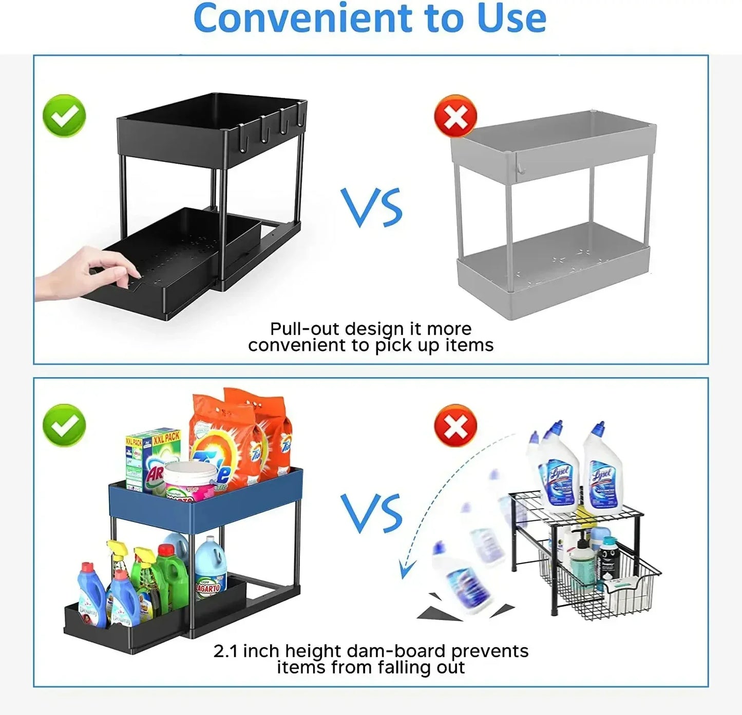 2-Tier Pull Out Under Sink Organizer – Slide-Out Cabinet Storage Rack with Hooks & Cups for Kitchen & Bathroom
