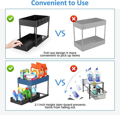 2-Tier Pull Out Under Sink Organizer – Slide-Out Cabinet Storage Rack with Hooks & Cups for Kitchen & Bathroom