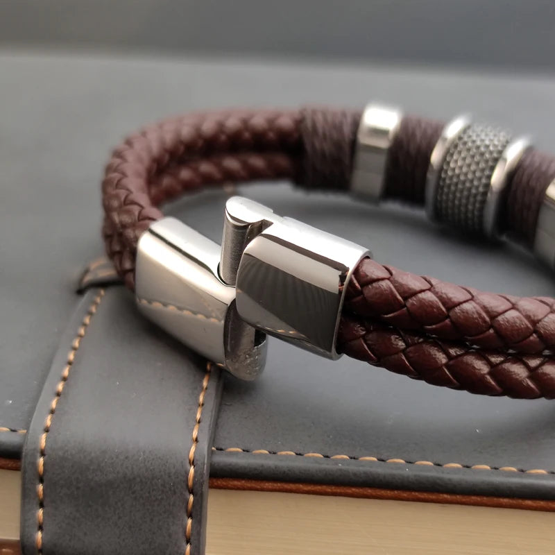 Luxury Vintage Leather Bracelet for Men – Multi-Layer Brown Leather & Stainless Steel Bead Wrist Bangle | Fashion Jewelry Gift