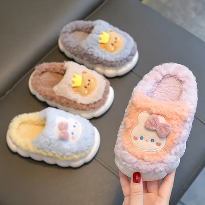 Kids Winter Plush Slippers Warm Non-Slip Cartoon Snow Princess House Shoes for Girls & Boys