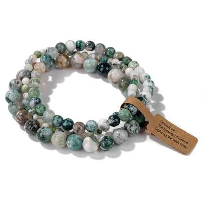 Set de 3 Pulseras de Cuentas de Piedra Natural – Agate Musgoso Indio, Rodonita y Cuarzo Cristal de 4mm/6mm/8mm para Hombres y Mujeres