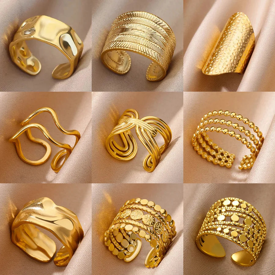 Anillo abierto grueso dorado vintage – Anillo llamativo geométrico de acero inoxidable para mujer