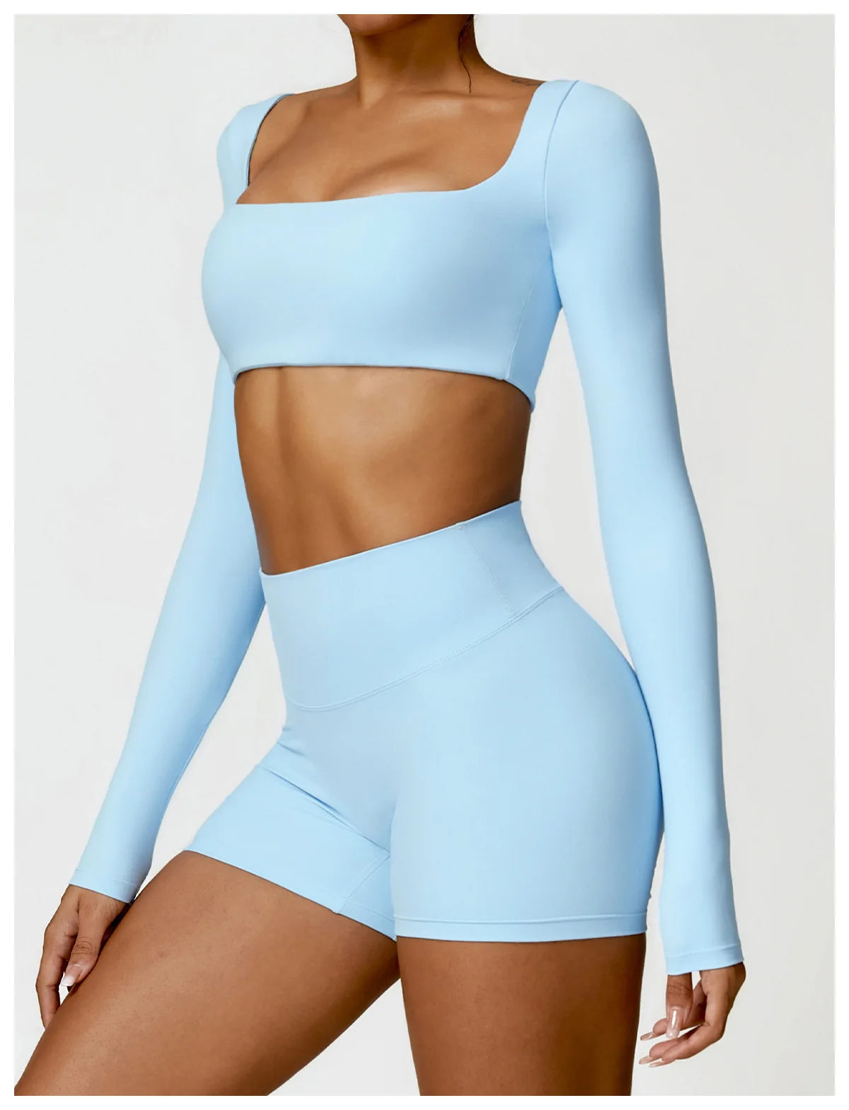 Women’s Square Neck Sports Crop Top – Long Sleeve Quick-Dry Gym Yoga Fitness Activewear