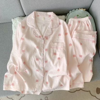 Pijama de 2 piezas a cuadros con bordado de perro para mujer - Estilo coreano, suave, de manga larga, ropa de dormir y de estar para otoño