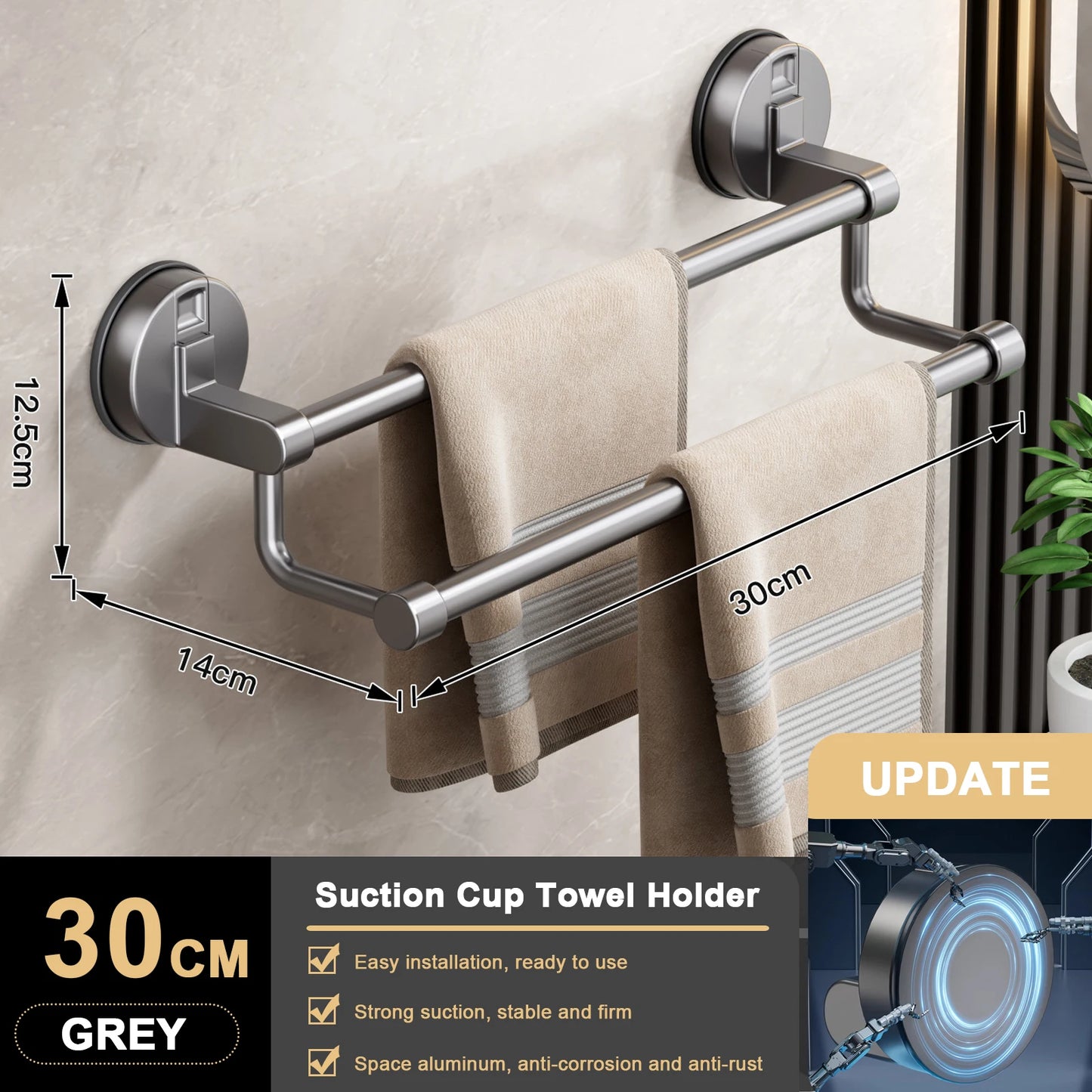 Toallero de Ventosa para Pared, sin Taladro, para Baño, Barra de Toalla de 30/40/50cm, Soporte que Ahorra Espacio