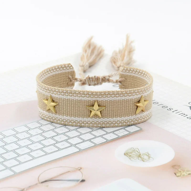 Bohemian Star Tassel Bracelet – Handmade Woven Alloy Gold Rivet Wrist Strap for Women | Ethnic Fashion Jewelry Gift