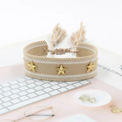 Bohemian Star Tassel Bracelet – Handmade Woven Alloy Gold Rivet Wrist Strap for Women | Ethnic Fashion Jewelry Gift