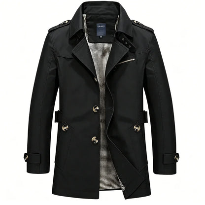 Men’s Mid-Length Trench Coat – Slim-Fit Business Casual Overcoat with Lapel Collar & Metal Buttons, Stylish Windbreaker for Commuting