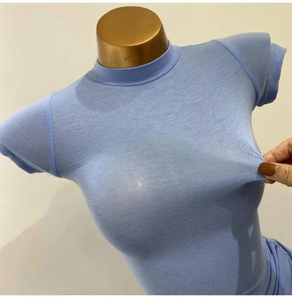 Half High Collar Korean T-Shirt – Transparent Short Sleeve Slim Fit Elastic Inner Top, Solid Color Bottoming Shirt for Women, Stylish Layering & Fashion Casual Wear