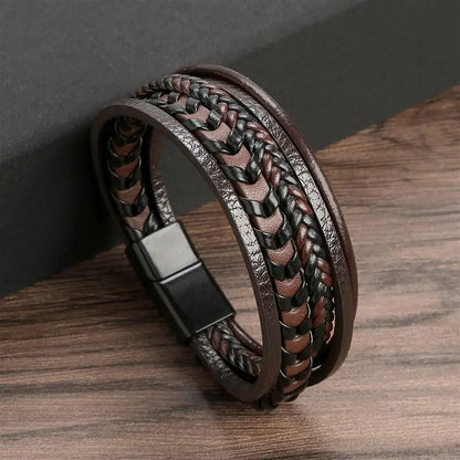 Pulsera de cuero clásica para hombre – Pulsera multicapa tejida a mano para hombre | Accesorio de joyería de moda casual, regalo