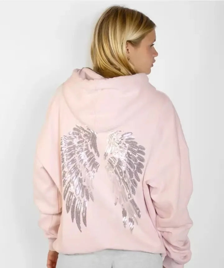 Women’s Y2K Wings Beaded Sequin Hoodie 2026 – Oversized Fleece-Lined Casual Pullover Sweatshirt, Fashion Streetwear Top